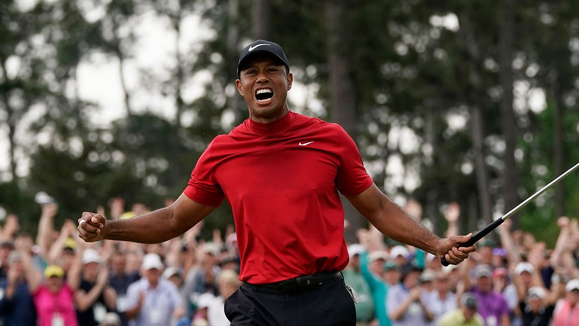 Tiger Woods reacts as he wins the Masters golf tournament Sunday, April 14, 2019, in Augusta, Ga.&nbsp;