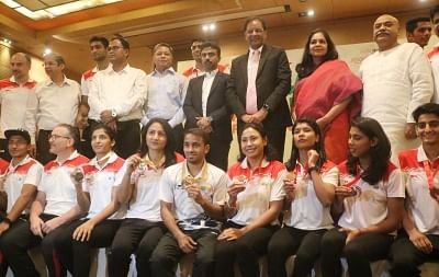 New Delhi: Boxing Federation of India President Ajay Singh during a programme organsied to felicitate Asian Boxing Championship medalists in New Delhi on April 30, 2019. (Photo: IANS)
