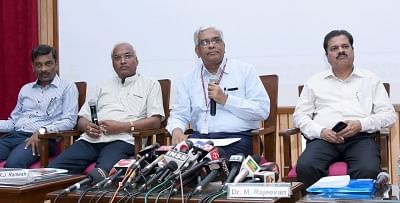 New Delhi: Ministry of Earth Sciences Secretary M. Rajeevan and Indian Meteorological Department (IMD) DG K.J. Ramesh during a press conference on the "1st stage Long Range Forecast (LRF) for Southwest Monsoon rainfall for 2019", in New Delhi on April 15, 2019. (Photo: IANS/PIB)