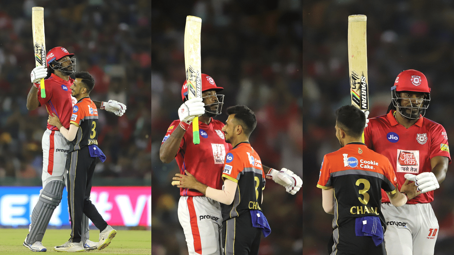 Chris Gayle and Yuzvendra Chahal during the IPL 2019 match at Chandigarh.