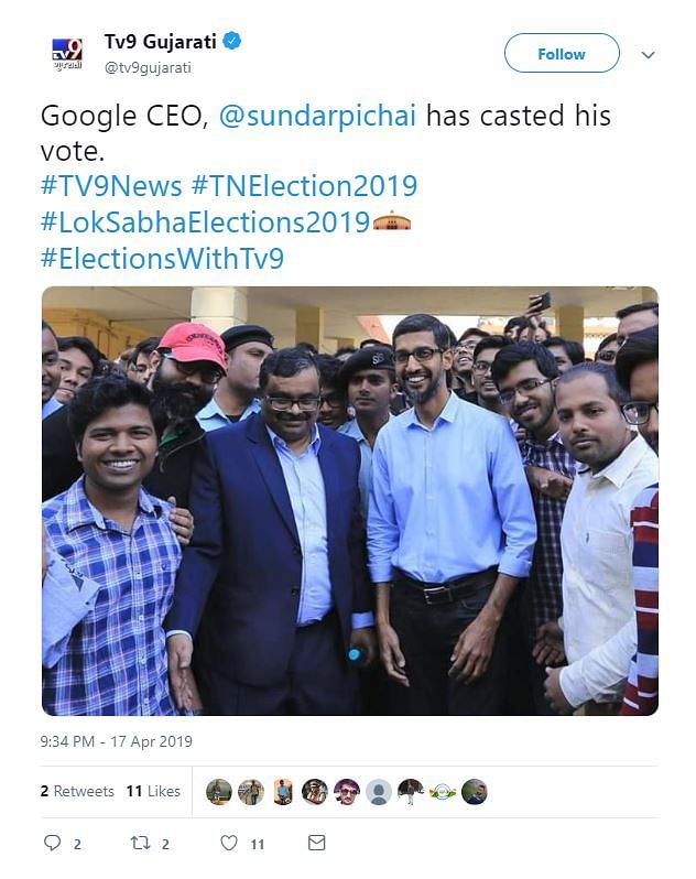 A picture of Sundar Pichai from two years ago went viral, falsely claiming that he cast his vote in Tamil Nadu.