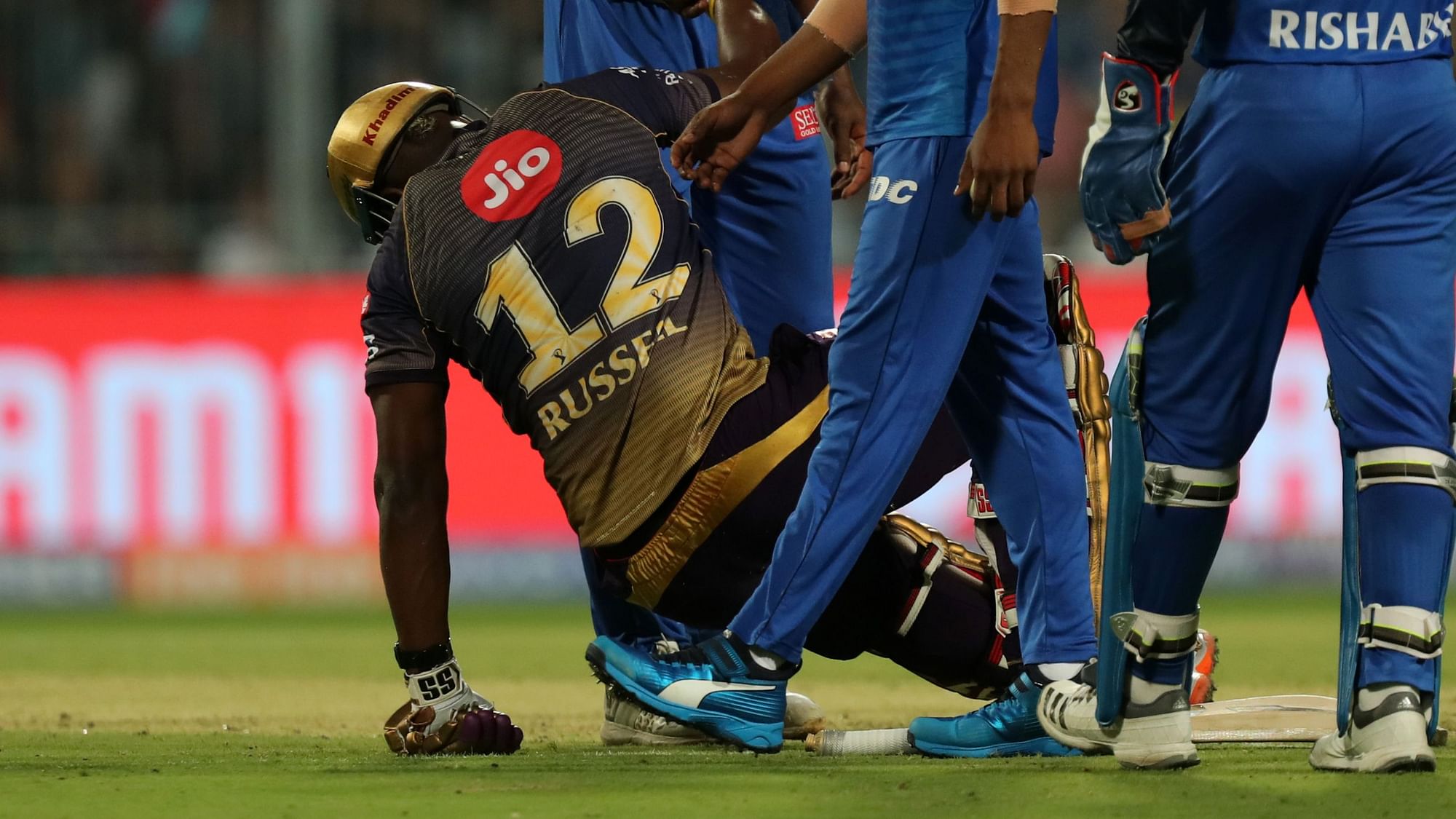 Andre Russell was hit by a Harshal Patel delivery on the left shoulder during KKR’s match against Delhi Capitals at the Kotla.