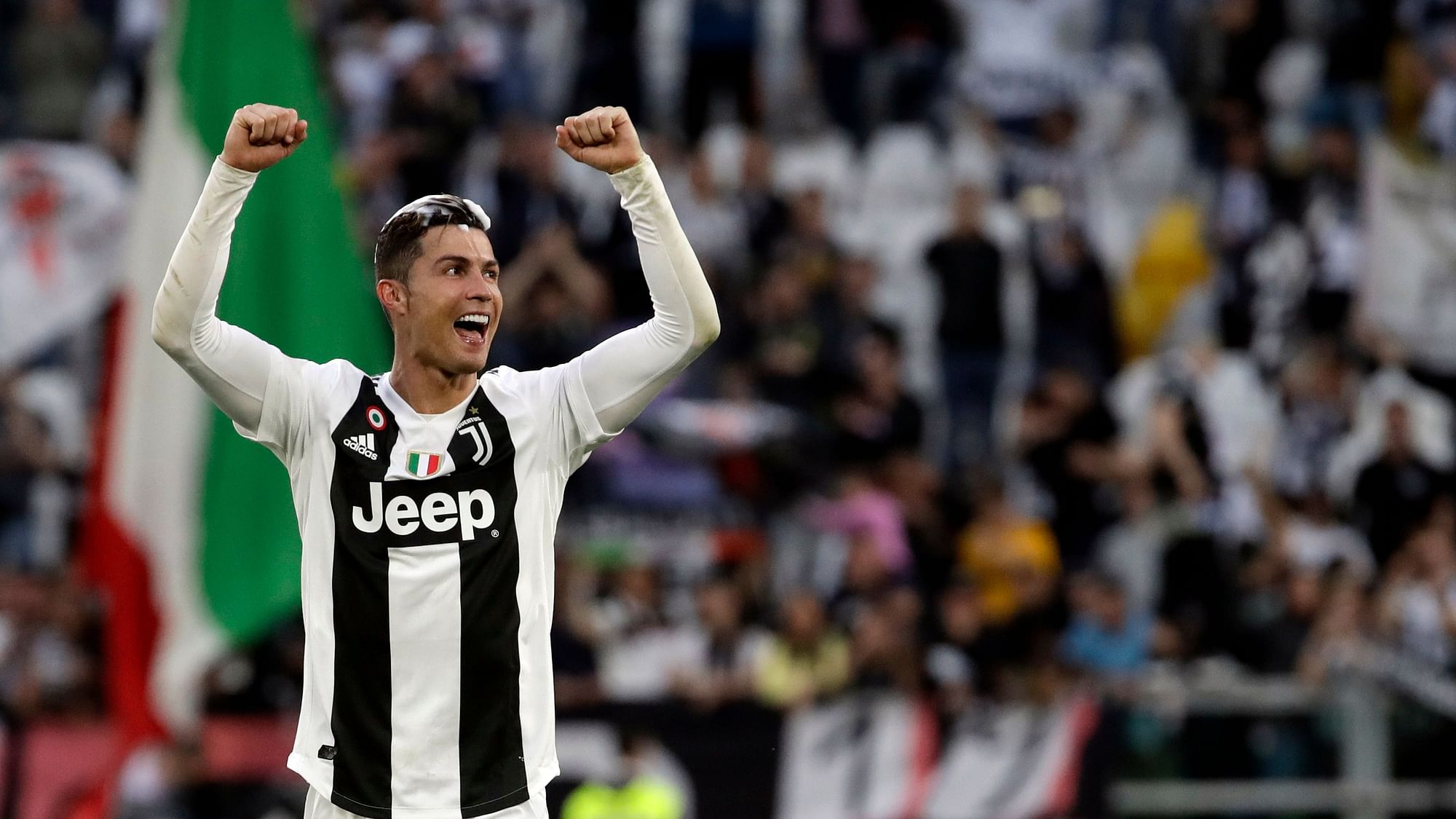 Juventus’ Cristiano Ronaldo celebrates at the end of a Serie A soccer match between Juventus and AC Fiorentina, at the Allianz stadium in Turin, Italy, Saturday, April 20, 2019.