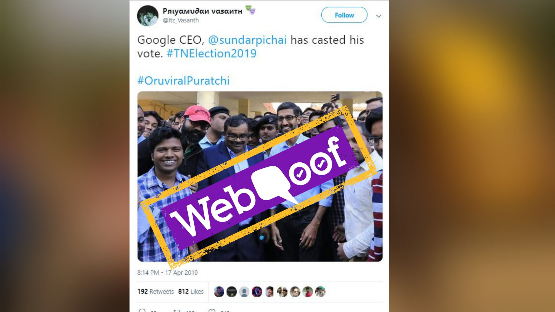The viral post falsely claimed that Google CEO Sundar Pichai voted from Tamil Nadu.