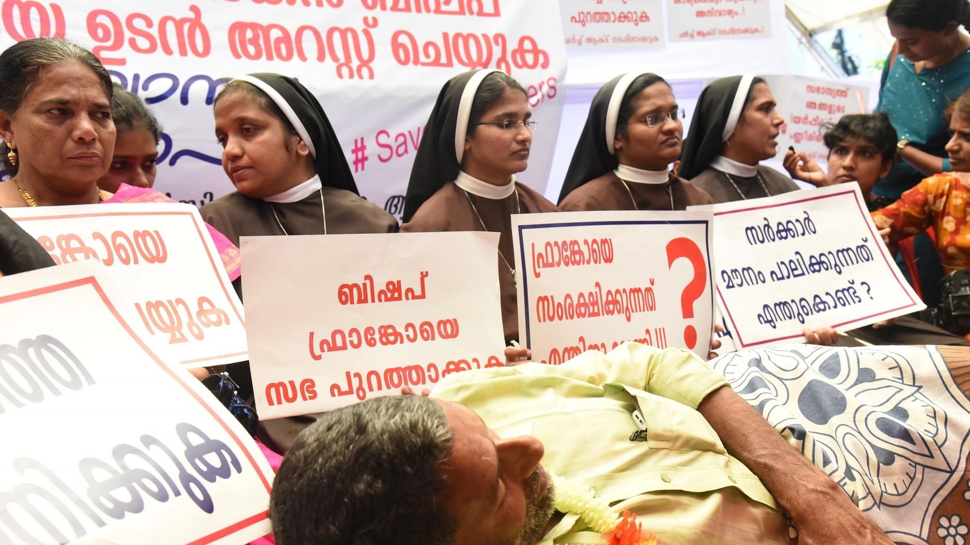 Nuns stage a demonstration to press for action against Bishop Franco Mulakkal.