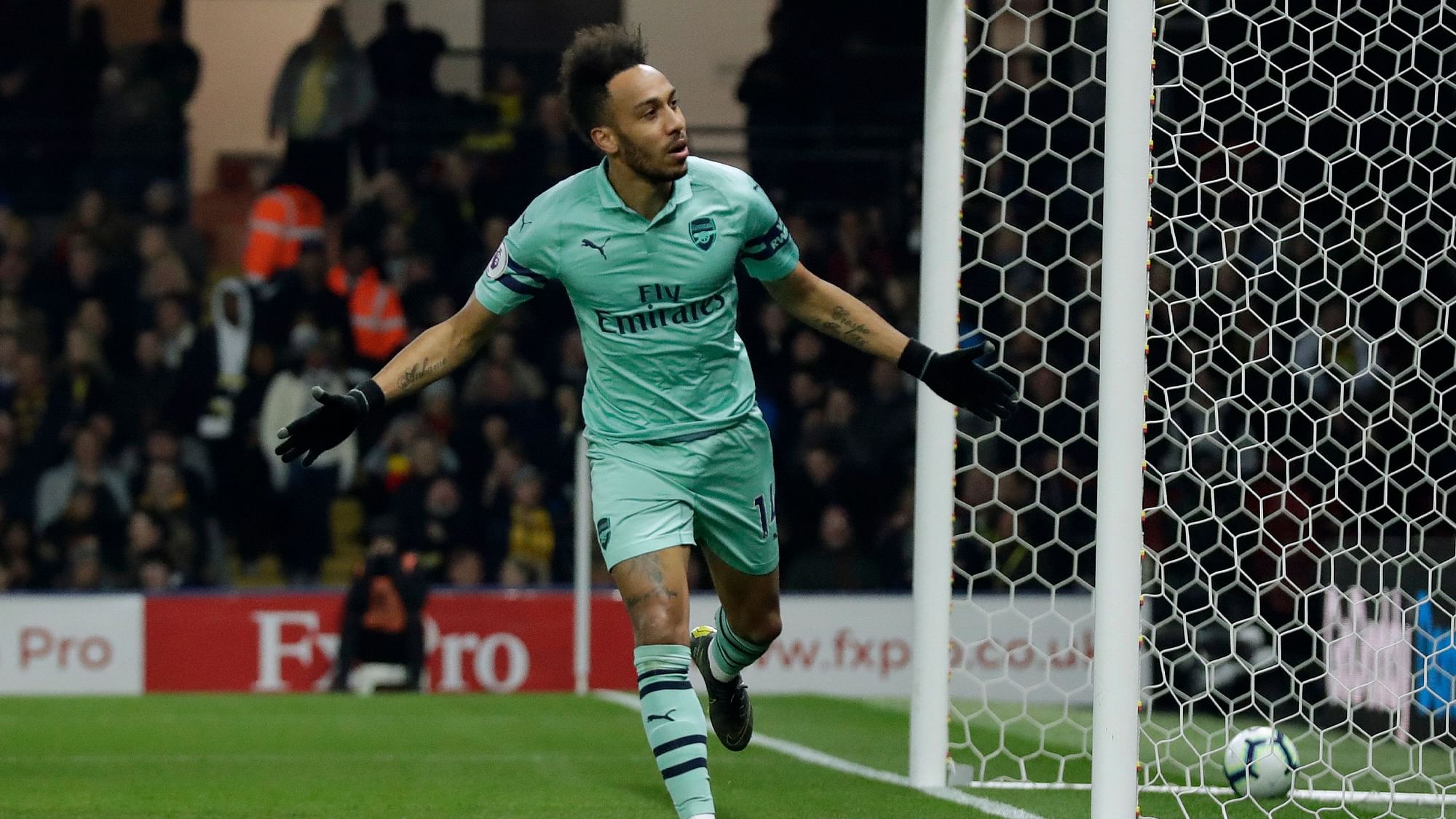 Arsenal’s Pierre-Emerick Aubameyang celebrates after scoring the opening goal against Watford.