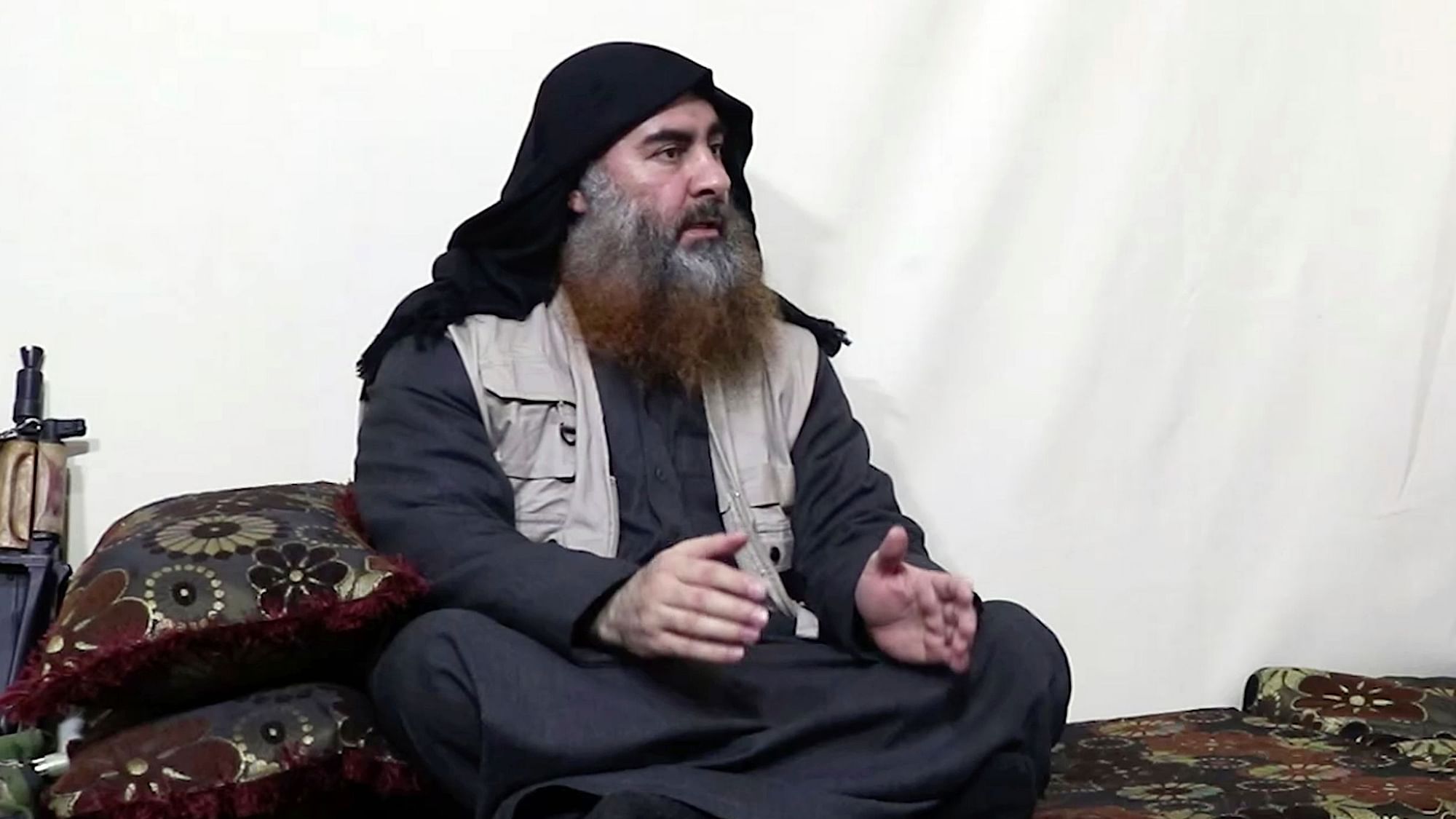 This image made from video posted on a militant website on Monday, April 29, 2019, purports to show the leader of the Islamic State group, Abu Bakr al-Baghdadi, being interviewed by his group’s Al-Furqan media outlet.