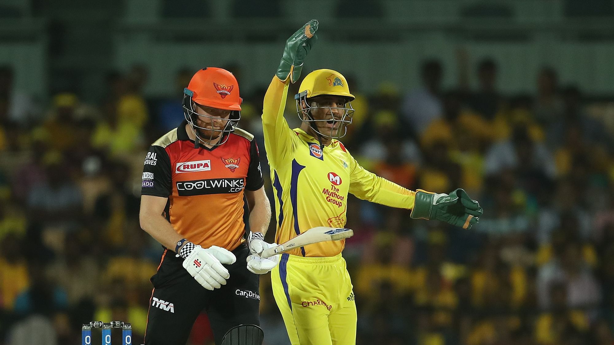 MS Dhoni (c) of Chennai Super Kings celebrates the wicket of Jonny Bairstow of Sunrisers Hyderabad during match 41 of the Vivo Indian Premier League Season 12, 2019