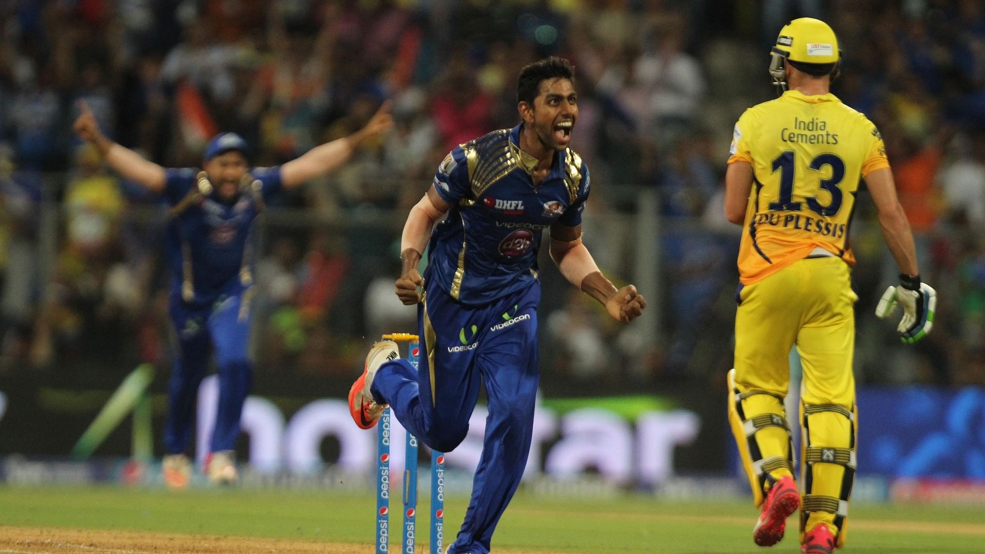 Jagadeesha Suchith celebrates fall of a wicket during the first qualifier match of IPL 2015 between Mumbai Indians and Chennai Super Kings.