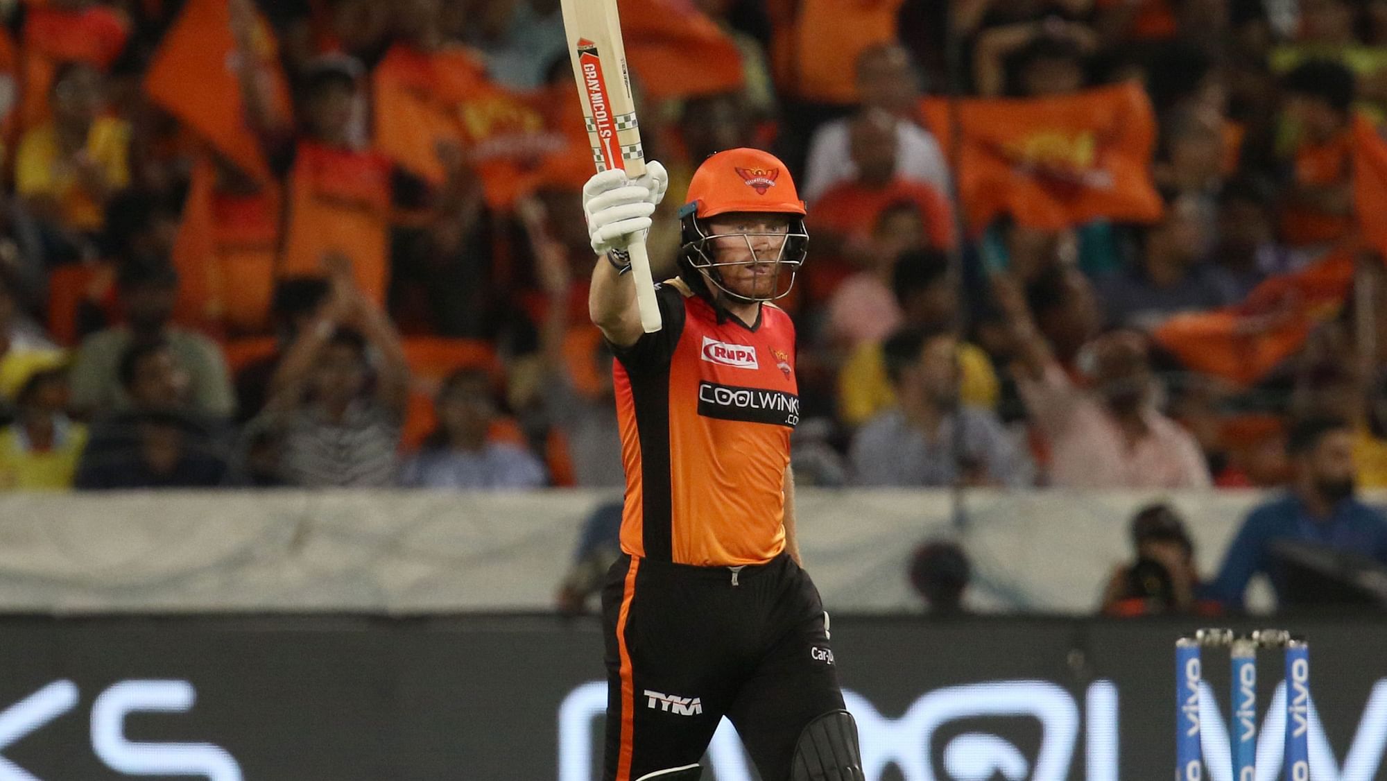 Jonny Bairstow of Sunrisers Hyderabad raises his bat after scoring fifty runs during match 33 of the Vivo Indian Premier League Season 12, 2019 between the Sunrisers Hyderabad and the Chennai Super Kings.