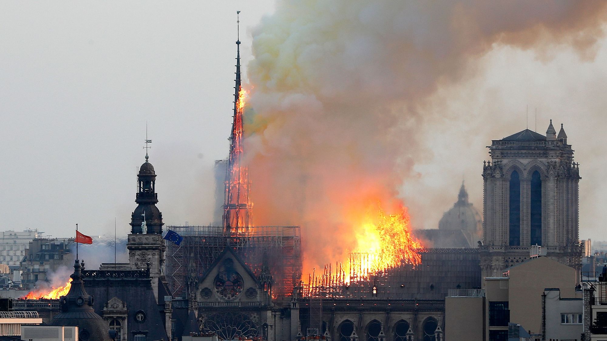 The fire caused the collapse of the cathedral’s iconic spire and destroyed its roof structure