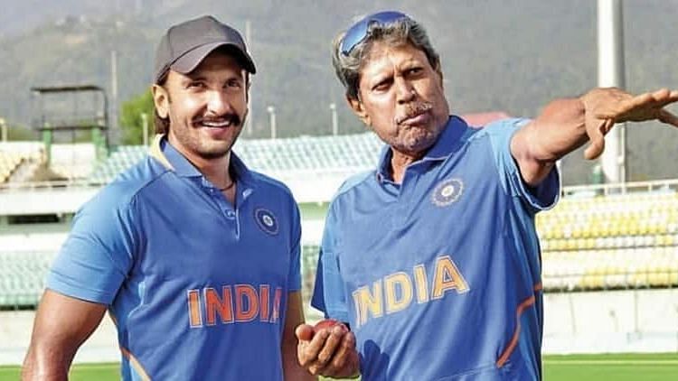 Ranveer Singh with Kapil Dev on the sets of <i>83</i>.