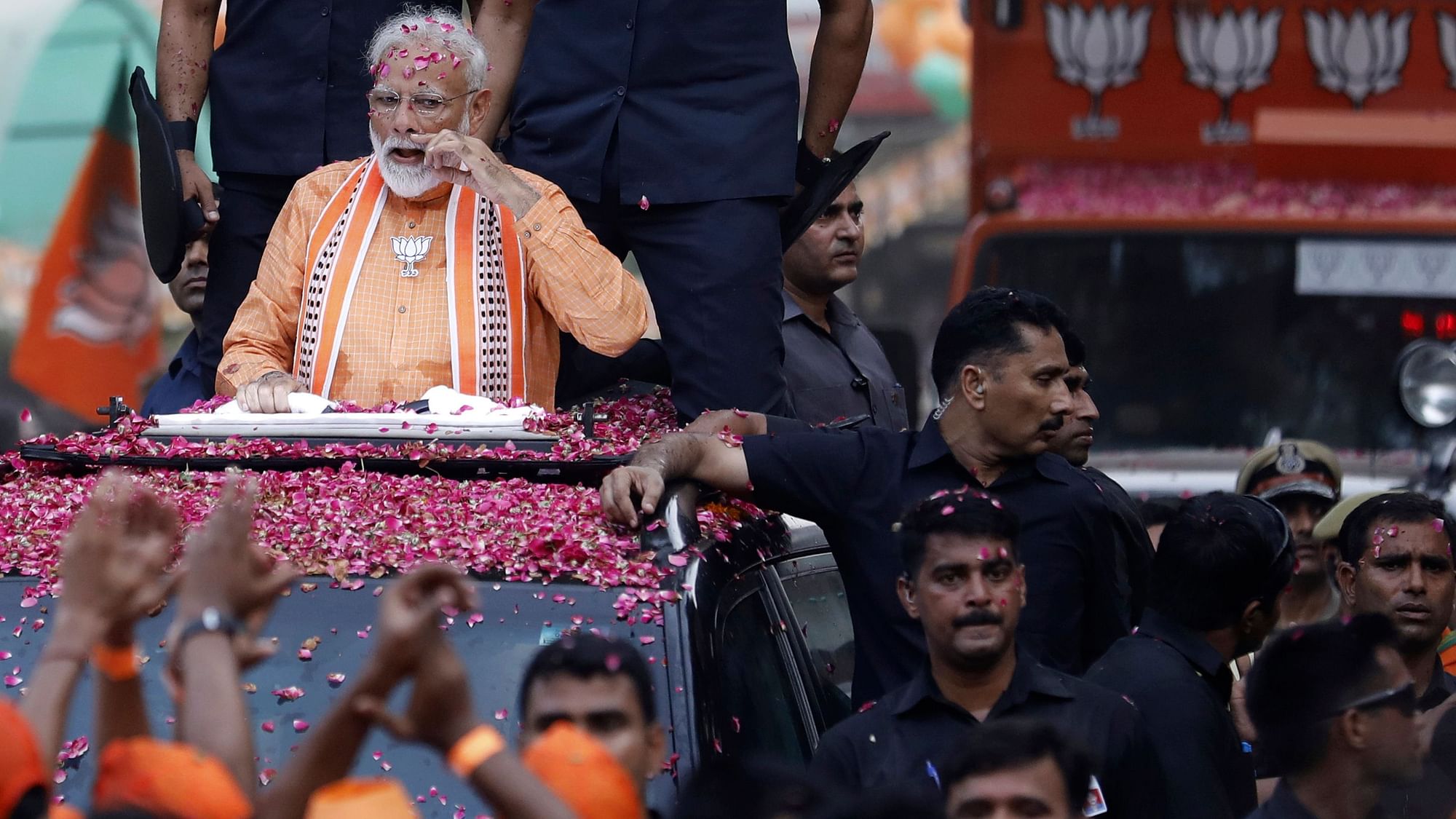 Prime Minister Narendra Modi during a roadshow on Thursday, 26 April, in Varanasi, Uttar Pradesh.