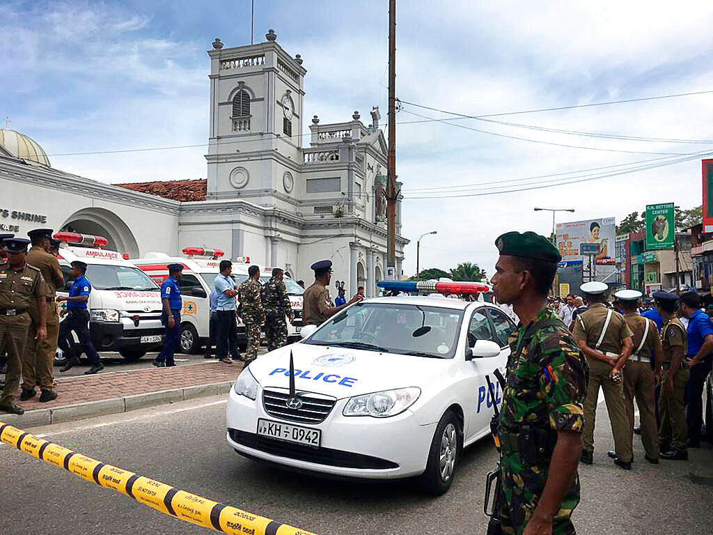 Sri Lankan Army soldiers secure the area around St Anthony’s Shrine after a blast in Colombo on  Sunday, 21 April.