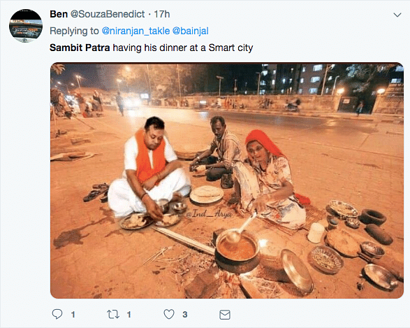 A photo of BJP spokesperson Sambit Patra eating on a pavement with a homeless couple has gone viral. 