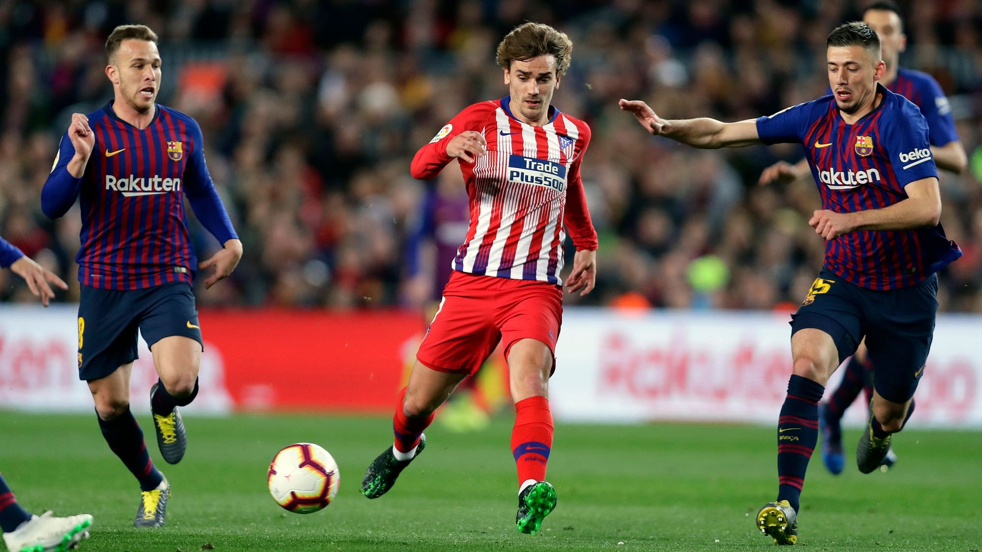 Griezmann (centre) helped Atletico win last year’s Europa League title, along with one Spanish Super Cup and a UEFA Super Cup.