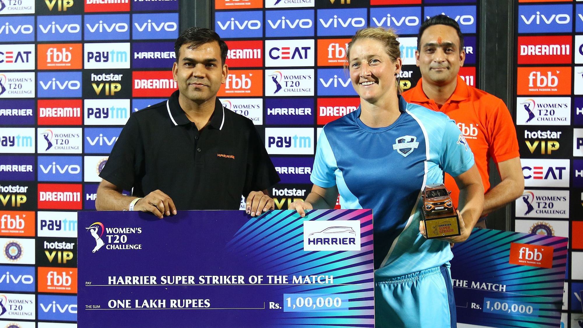 Supernovas receives the Harrier Super Striker of the match award during match 1 of the Women’s T20 Challenge, 2019 between the Supernovas and the Trailblazers.