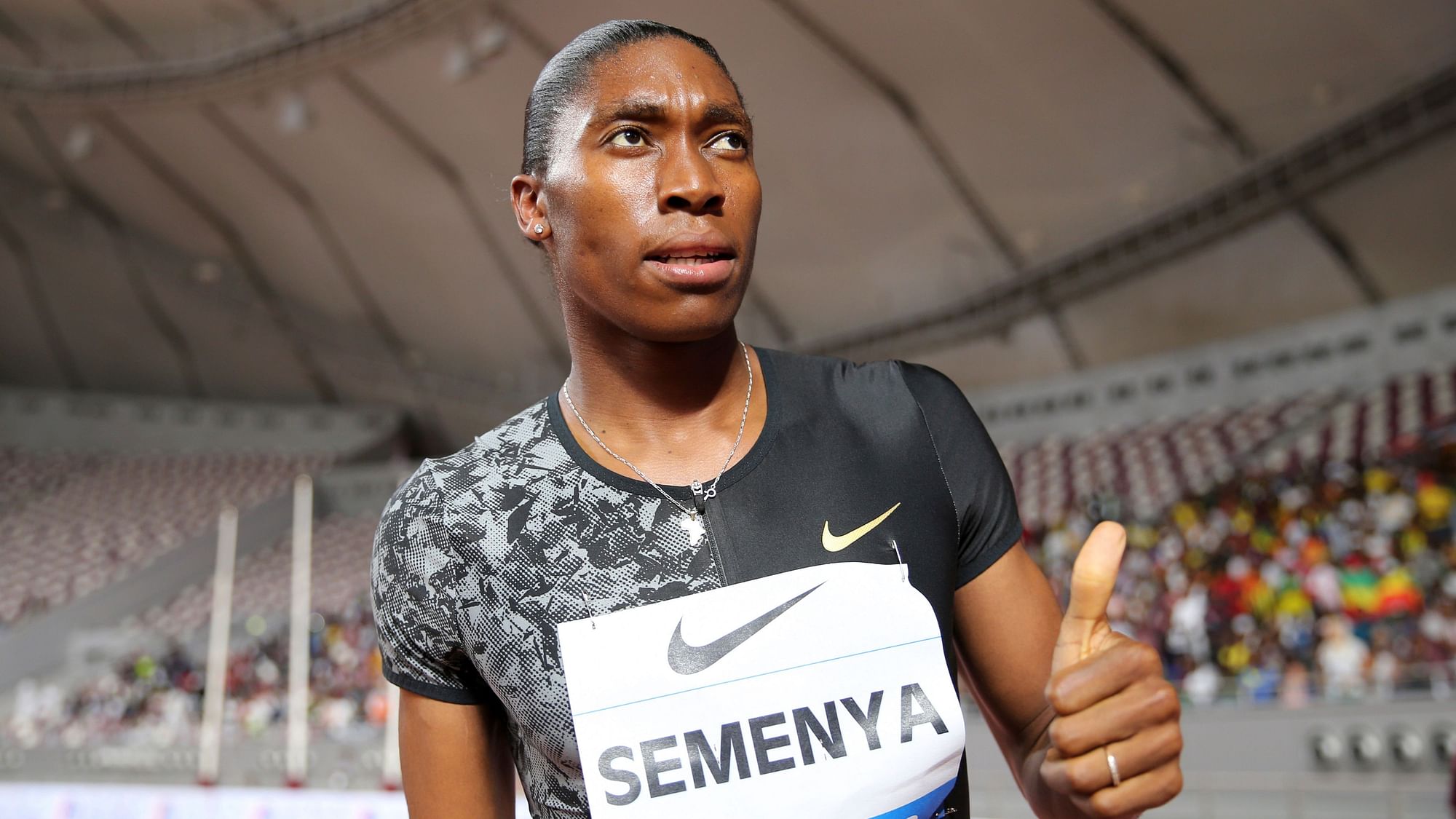 South Africa’s Caster Semenya celebrates after crossing the line to win the gold in the women’s 800-meter final during the Diamond League in Doha, Qatar, Friday, May 3, 2019.&nbsp;