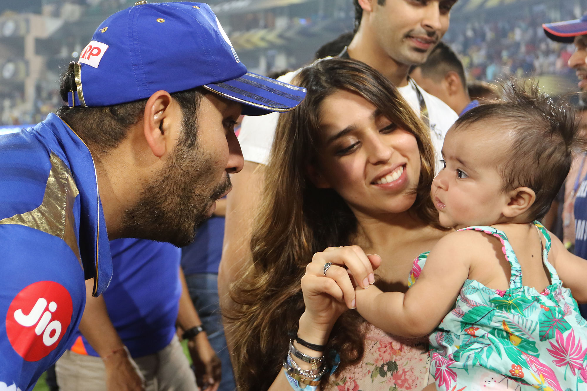 Rohit Sharma celebrates Mumbai’s IPL title with his wife Ritika and daughter Samaira.