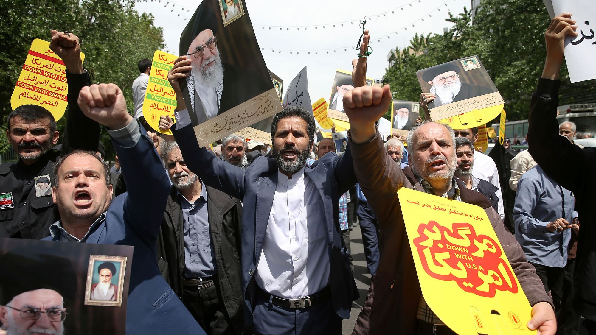 Worshippers chant slogans against the United States and Israel during a rally after Friday prayers in Tehran, Iran, Friday, 10 May 2019.&nbsp;