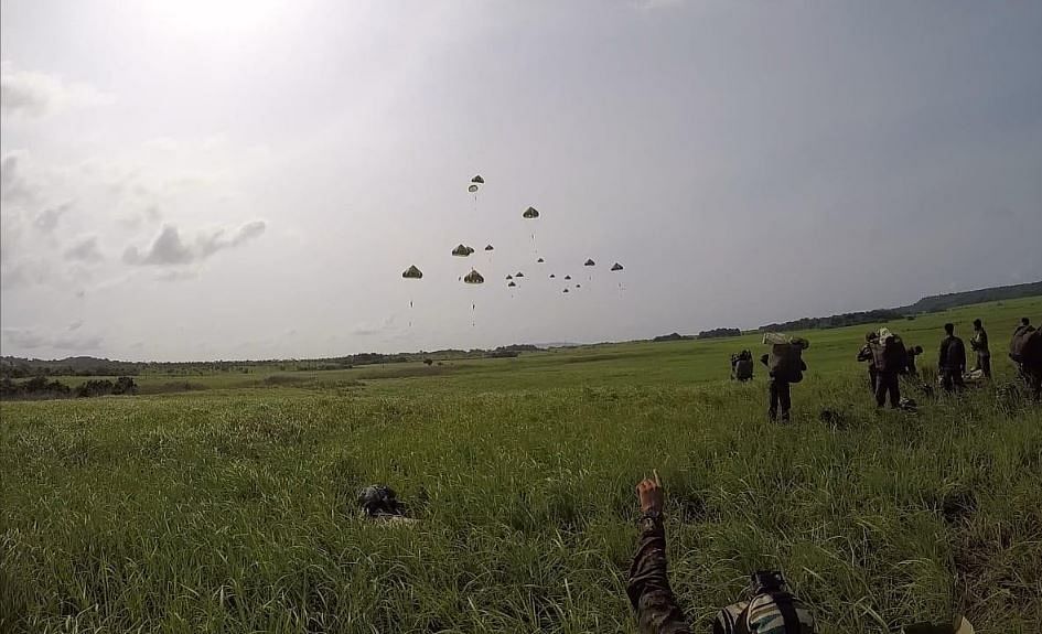 A number of combat drills were carried out, with 170 troops of the Armed Forces undertaking para drop operations.