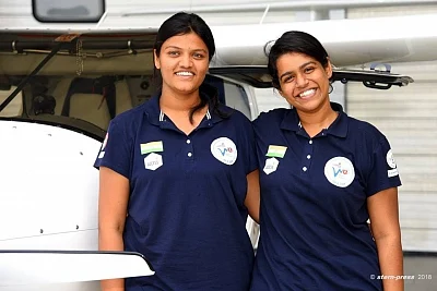 Mumbai: Captain Aarohi Pandit and her friend Keithair Misquitta on their Phase I all-women circumnavigation flight from India to UK in July 2018. (Photo: IANS)