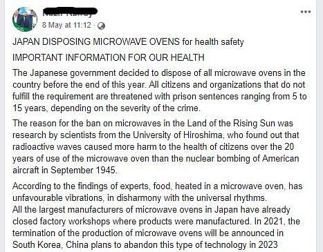 The news doing the rounds states that Japan is banning microwaves for their radiations are very harmful for health.