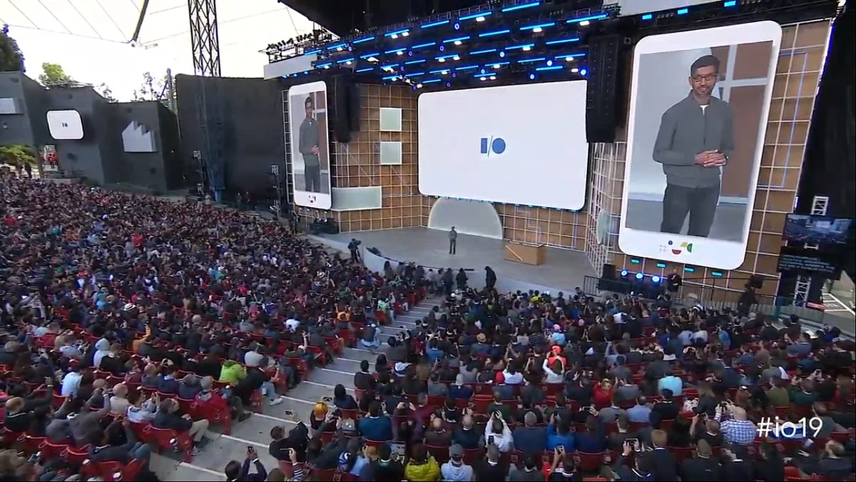 Sundar Pichai at the Google I/O 2019 keynote. 