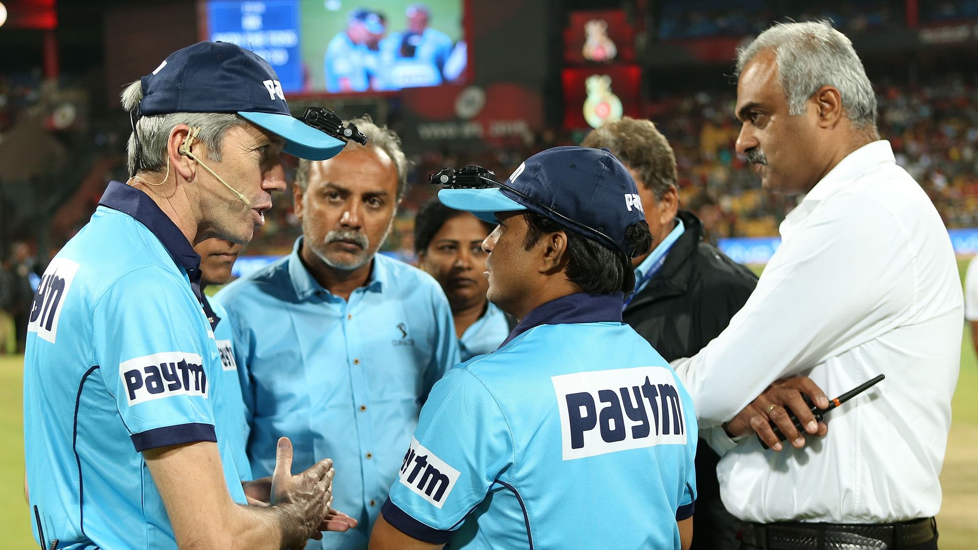 Umpires have a discussion during an IPL 2019 fixture.