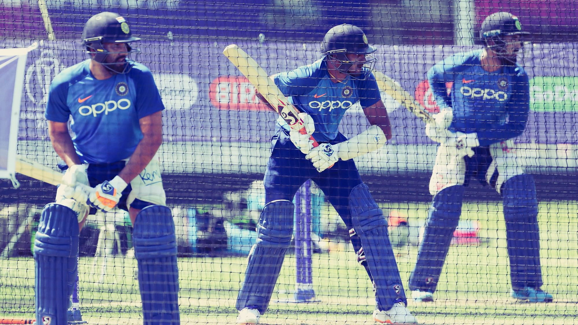 India’s Rohit Sharma, left, Vijay Shankar, center, and Lokesh Rahul bat in the nets during a training session at The Oval in London, Thursday, May 23, 2019. The Cricket World Cup starts on Thursday 30 May 30.