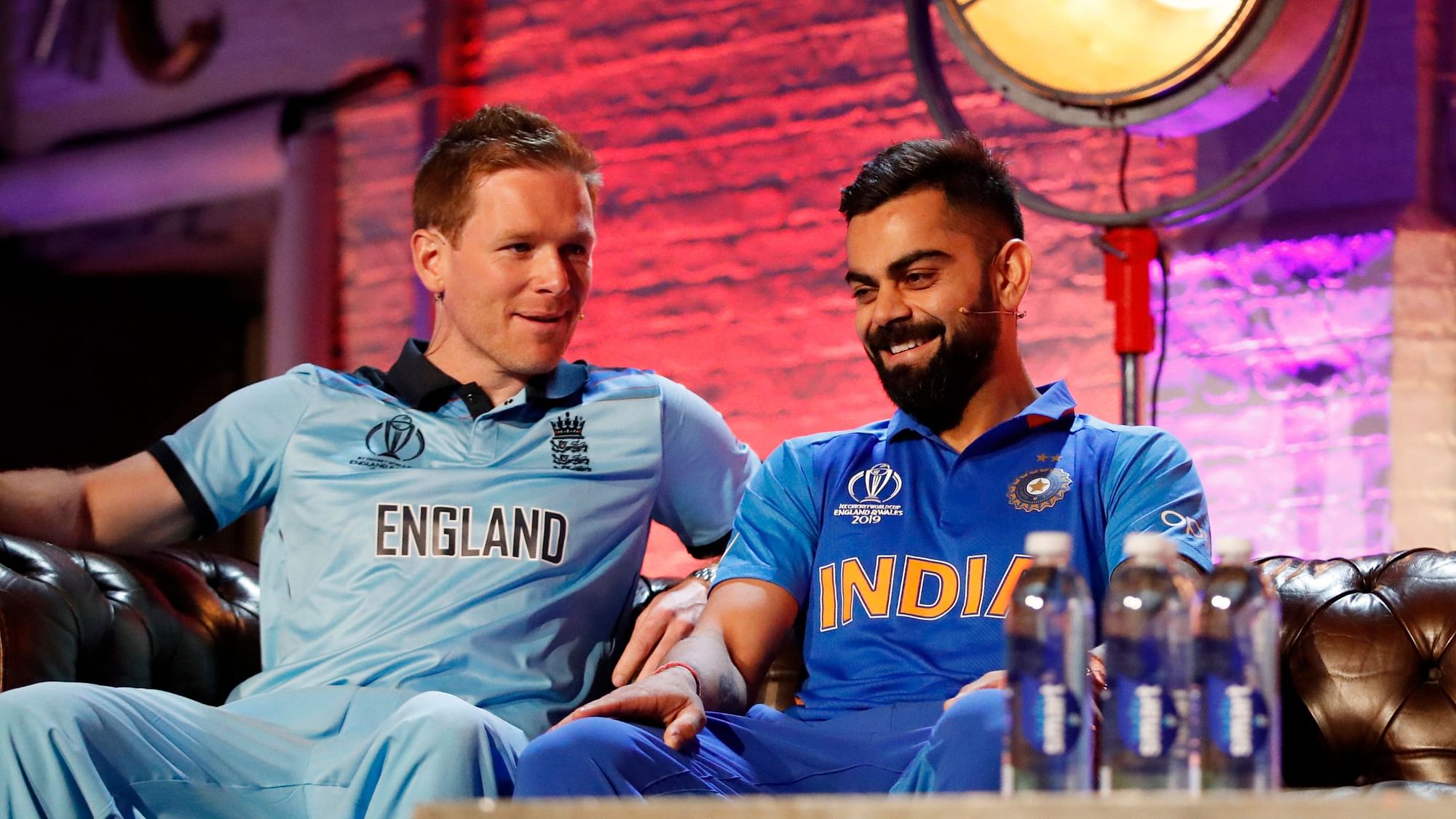 England’s captain Eoin Morgan and Virat Kohli at the ICC Cricket World Cup captains press conference.