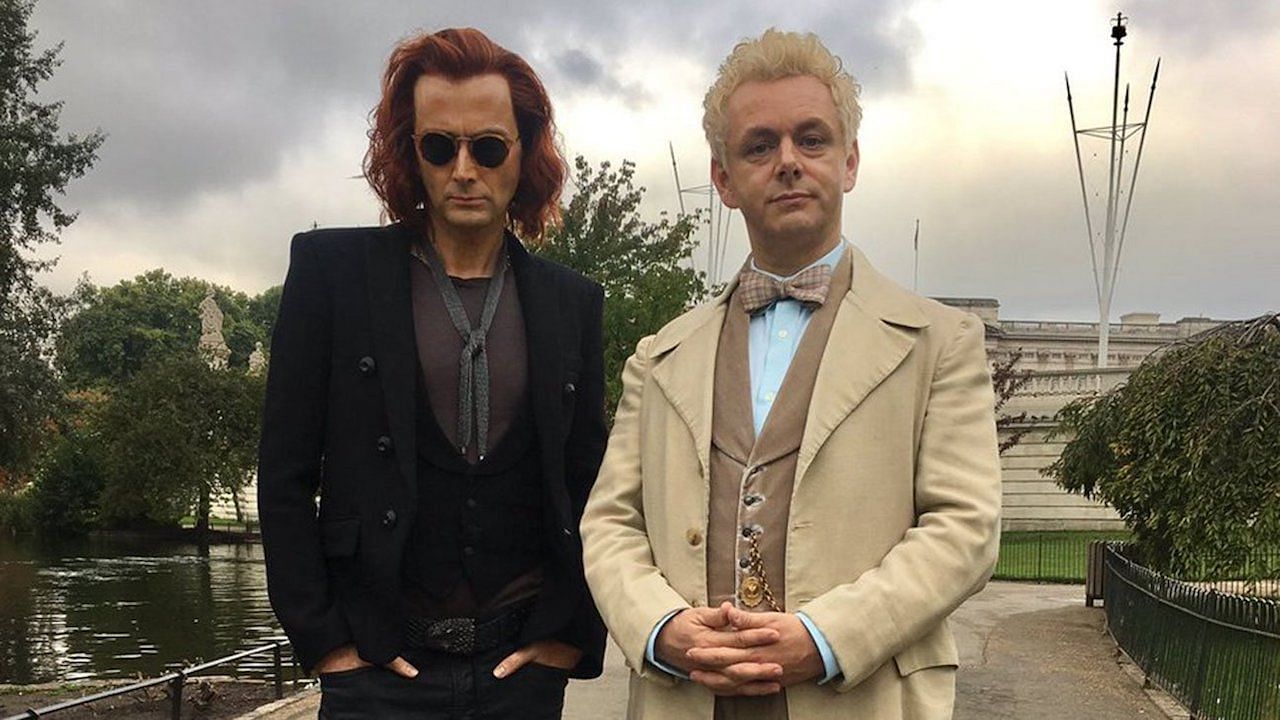 David Tennant, as the demon Crowley, and Martin Sheen, as the angel Aziraphale, in <i>Good Omens</i>.