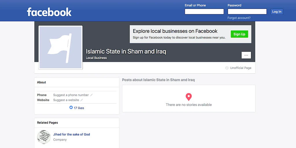 A Facebook page for an auto generated Facebook page for a local business, translated into English from Arabic, calling itself ‘Islamic State in Sham and Iraq. 