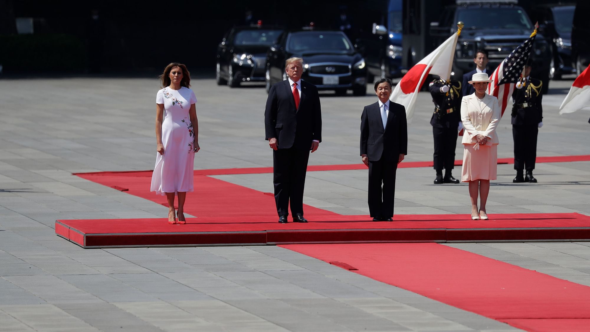 President Donald Trump and first lady Melania Trump participate with Japanese Emperor Naruhito and Empress Masako during an Imperial Palace welcome ceremony at the Imperial Palace, Monday, 27 May 2019.