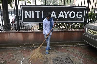 New Delhi: A NITI  (National Institution for Transforming India) Aayog board comes up at the former Yojana Bhawan building in New Delhi, on Jan 2, 2015. (Photo: IANS)