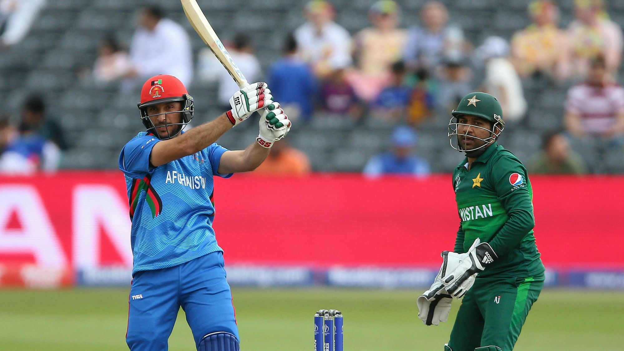 Afghanistan’s Rahmat Shah plays a shot during the ICC Cricket World Cup Warm up match between Afghanistan and Pakistan at the Bristol County Ground in Bristol, England, Friday, May 24, 2019.&nbsp;