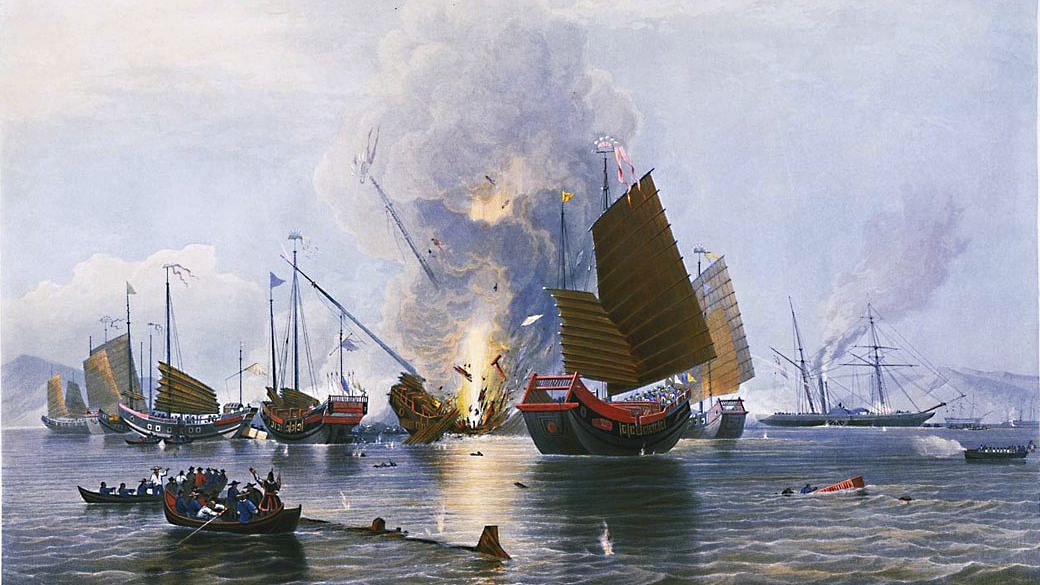 The Opium Wars: The East India Company iron steam ship Nemesis, destroying the Chinese war junks in Anson’s Bay, on 7 January 1841.