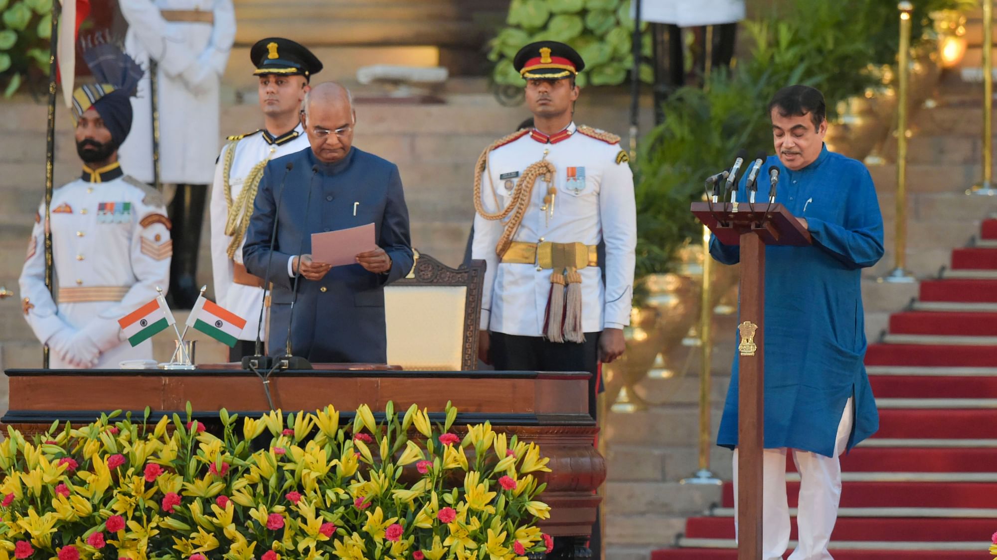 Nitin Gadkari being sworn-in as a Cabinet minister by President Ram Nath Kovind during the oath taking ceremony.