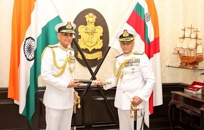 New Delhi: Admiral Sunil Lanba hands over the baton to Admiral Karambir Singh who takes charge as the 24th Navy chief at a ceremony at the South Block in New Delhi, on May 31, 2019. (Photo: IANS/Indian Navy)