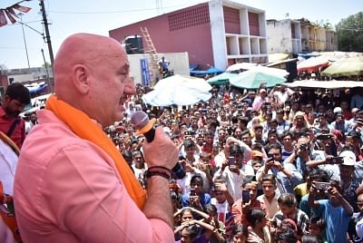 Chandigarh: Actor Anupam Kher addresses at an election campaign in support of  his wife, BJP