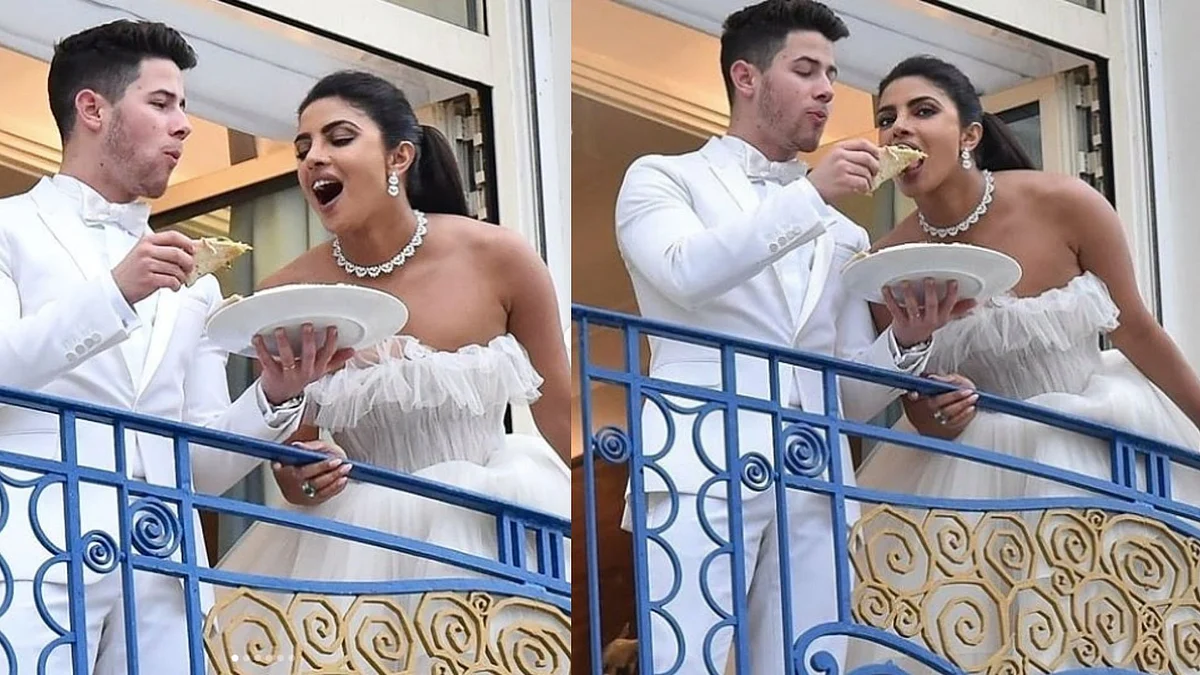 Nick Jonas and Priyanka Chopra enjoying a pizza. 