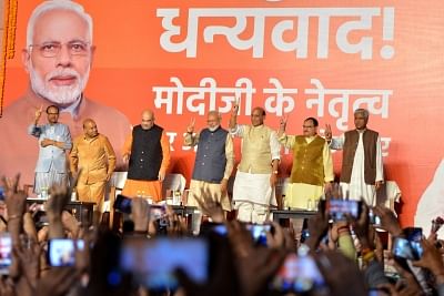 New Delhi: Prime Minister Narendra Modi and BJP chief Amit Shah with party leaders Shivraj Singh Chouhan, Thawar Chand Gehlot, Rajnath Singh, Jap Nadda and Ram Lal in New Delhi on May 23, 2019. (Photo: IANS)