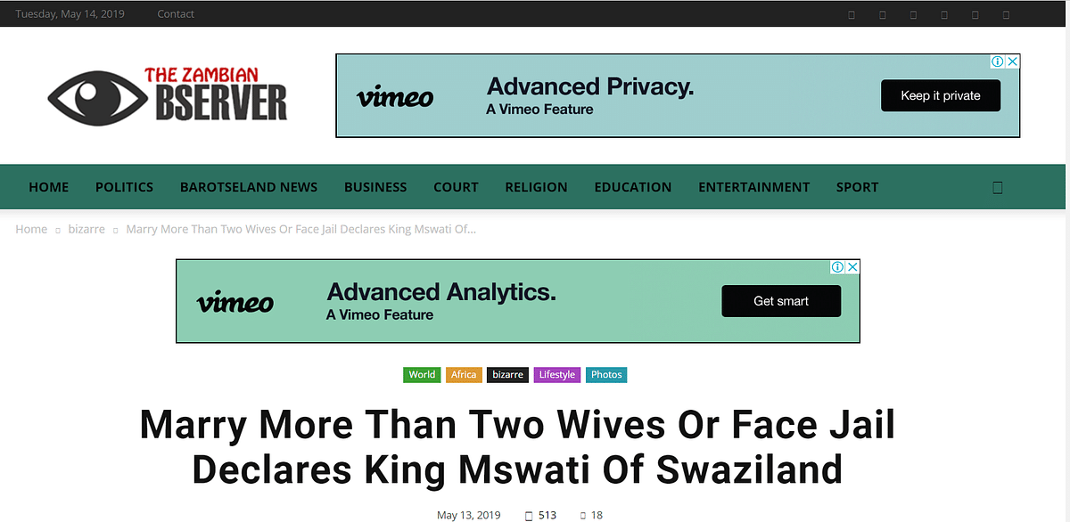 Viral newspaper clipping claims men in Swaziland will be put in jail if they don’t marry at least two wives. 