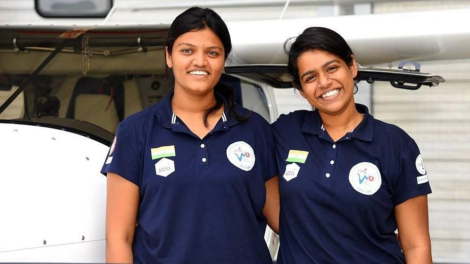 Captain Aarohi Pandit (left) and her friend Keithair Misquitta on their Phase I all-women circumnavigation flight from India to UK in July 2018.