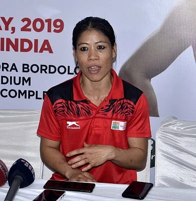 Guwahati: Indian woman boxer Mary Kom addresses a press conference after winning gold medal in the finals at the second edition of India Open International Boxing Tournament 2019 at Nabin Chandra Bordoloi Stadium in Guwahati, on May 24, 2019. (Photo: IANS)