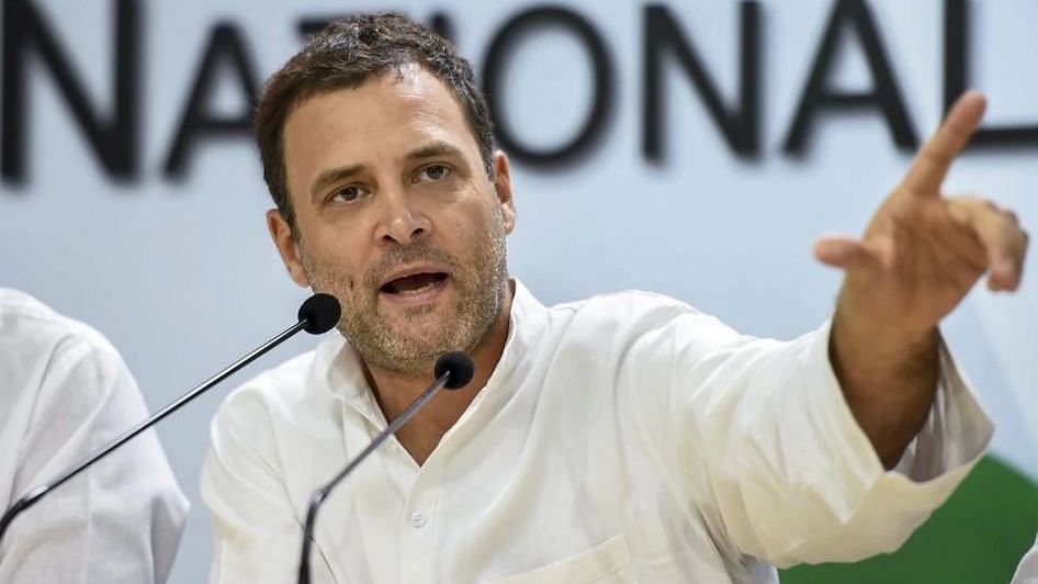 Congress President Rahul Gandhi addresses a press conference, ahead of the seventh and final phase of elections.
