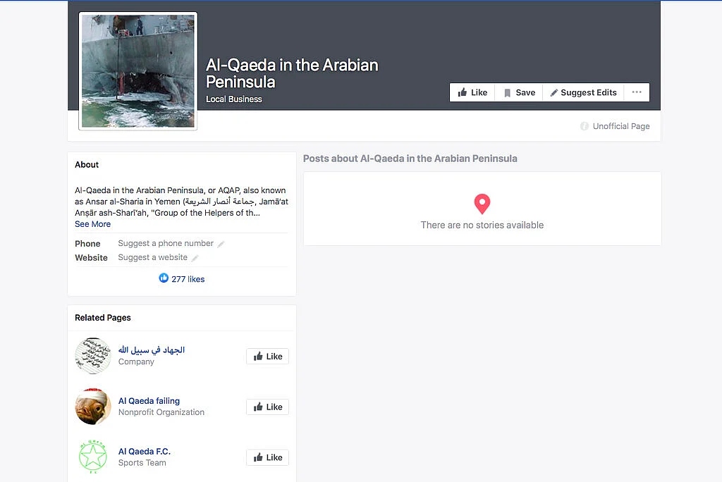 A Facebook auto-generated page for a group identifying itself as the terror group “Al-Qaeda in the Arabian Peninsula” displays a photo of the bombed US Navy warship USS Cole. 