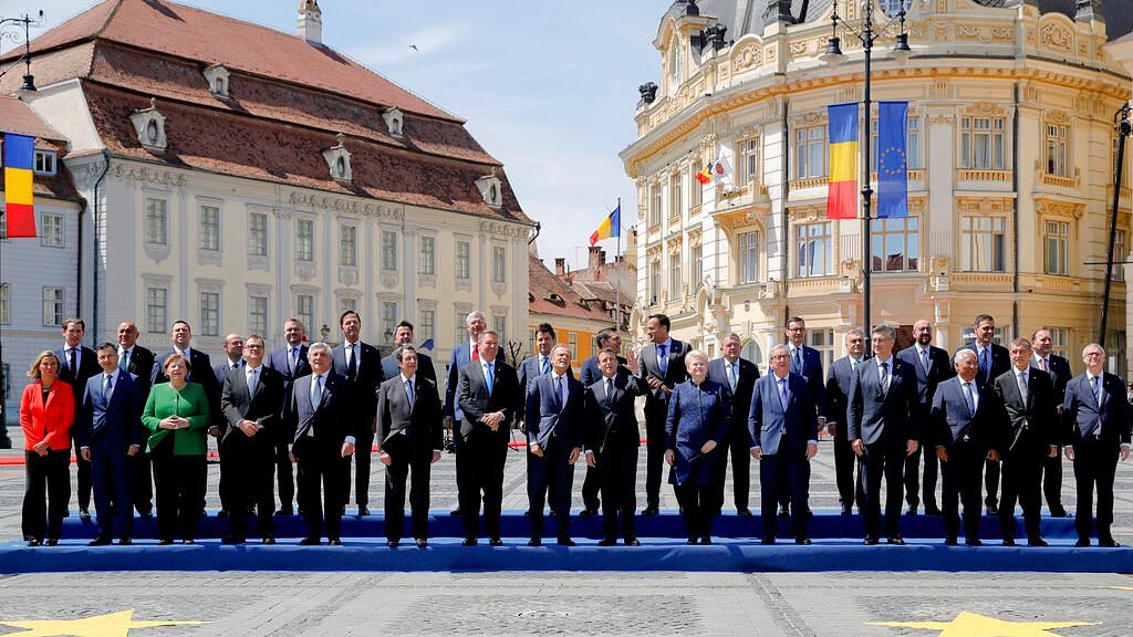 European Union leaders pose for a group photo at an EU summit in Sibiu, Romania.