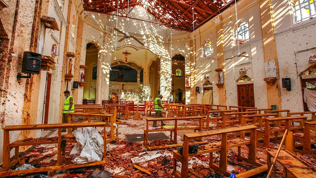 A view of St Sebastian’s Church damaged in a blast in Negombo, Sri Lanka.