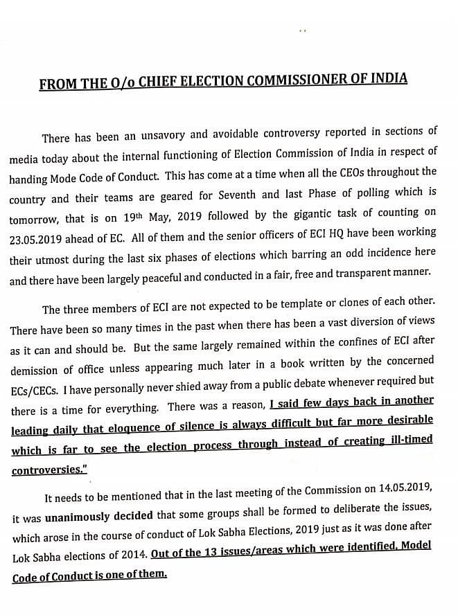 Following his letter, Ashok Lavasa was called in for a meeting with CEC Arora.  